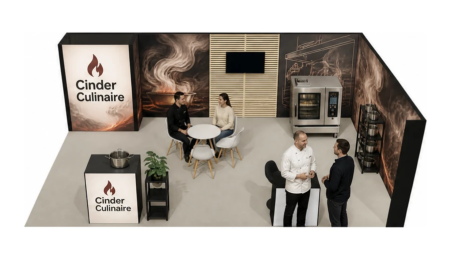 Stoisko 8 × 5 m narożne prawe dla branży wyposażenie gastronomii, przykładowa marka Cinder Culinaire