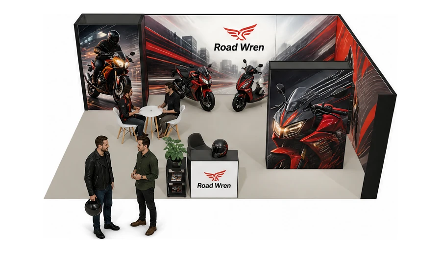 Stoisko 8 × 5 m narożne prawe dla branży motocykle i skutery, przykładowa marka Road Wren
