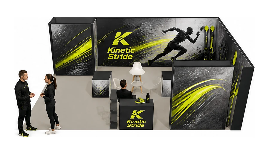 Stoisko 8 × 5 m narożne prawe dla branży sprzęt sportowy, przykładowa marka Kinetic Stride