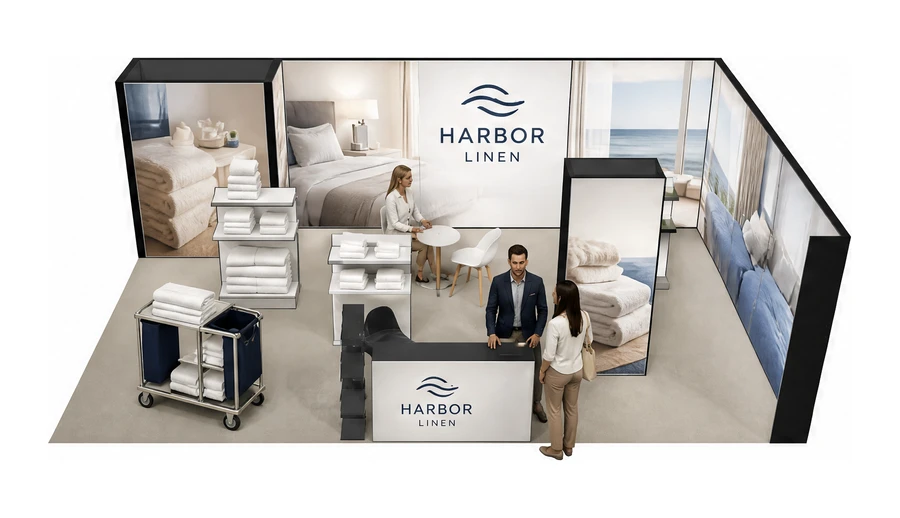 Stoisko 8 × 5 m narożne prawe dla branży wyposażenie hoteli, przykładowa marka Harbor Linen