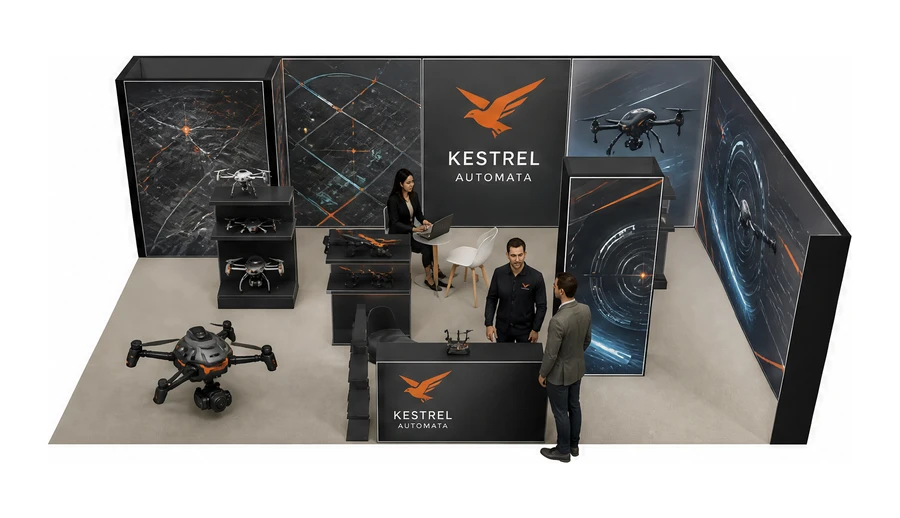 Stoisko 8 × 5 m narożne prawe dla branży drony i robotyka, przykładowa marka Kestrel Automata