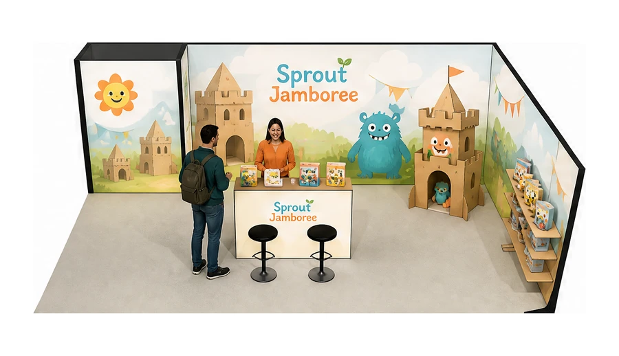 Stoisko 8 × 5 m narożne prawe dla branży zabawki i artykuły dziecięce, przykładowa marka Sprout Jamboree