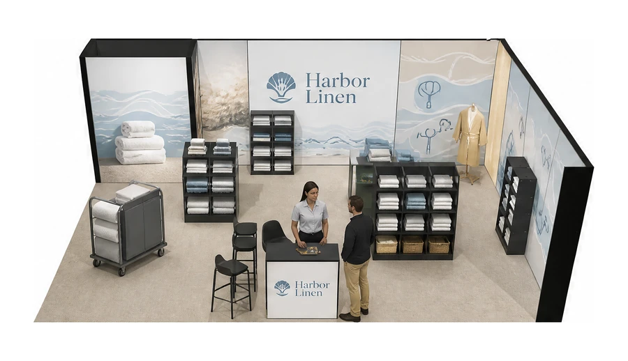 Stoisko 8 × 5 m narożne prawe dla branży wyposażenie hoteli, przykładowa marka Harbor Linen
