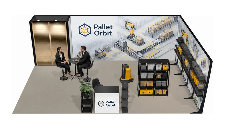 Stoisko 8 × 5 m narożne prawe dla branży intralogistyka i magazyn, przykładowa marka Pallet Orbit