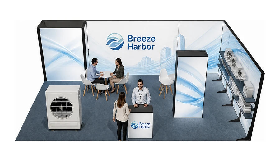 Stoisko 8 × 5 m narożne prawe dla branży wentylacja i klimatyzacja, przykładowa marka Breeze Harbor
