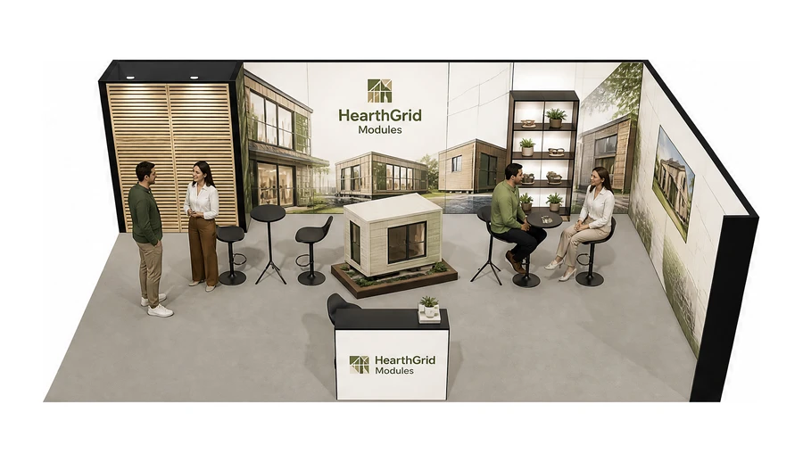 Stoisko 8 × 5 m narożne prawe dla branży domy modułowe i prefabrykacja, przykładowa marka HearthGrid Modules
