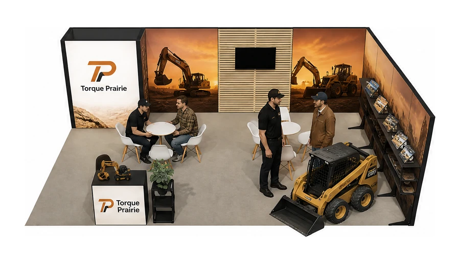 Stoisko 8 × 5 m narożne prawe dla branży maszyny budowlane, przykładowa marka Torque Prairie