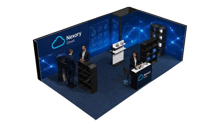 Stoisko 8 × 5 m narożne prawe dla branży oprogramowanie dla firm, przykładowa marka Nexory Cloud