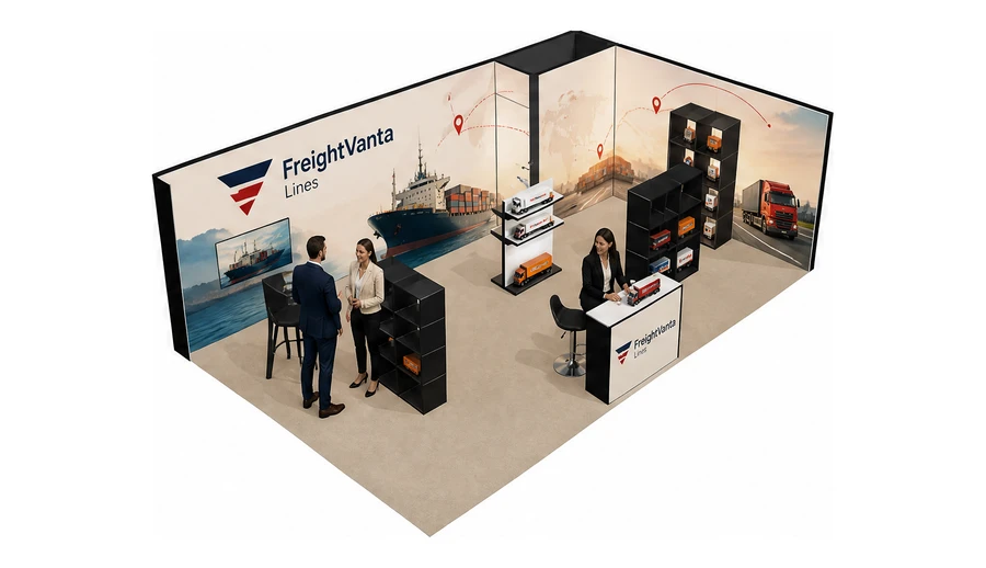 Stoisko 8 × 5 m narożne prawe dla branży logistyka i spedycja, przykładowa marka FreightVanta Lines