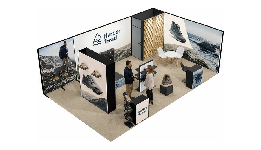Stoisko 8 × 5 m narożne prawe dla branży obuwie, przykładowa marka Harbor Tread