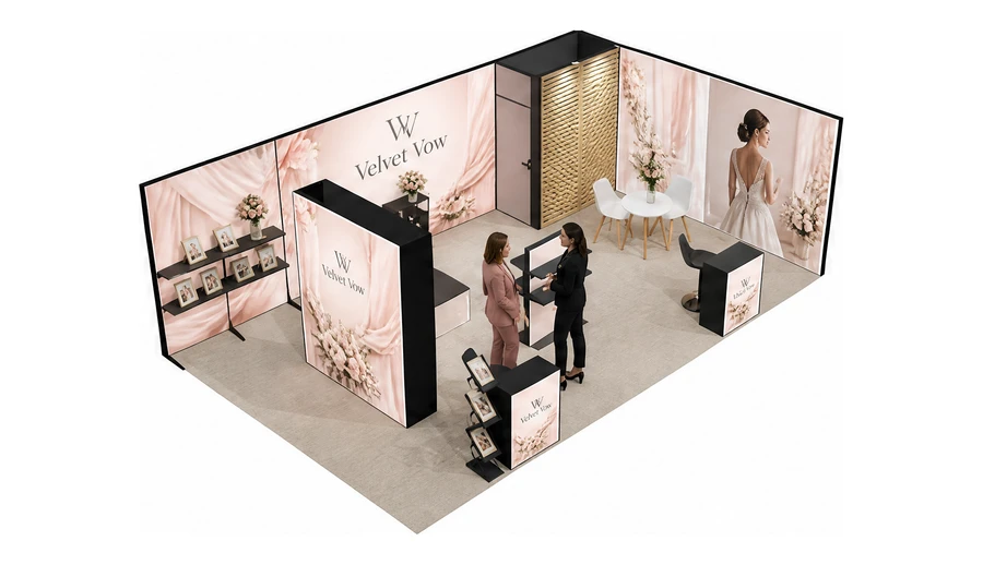 Stoisko 8 × 5 m narożne prawe dla branży branża ślubna, przykładowa marka Velvet Vow