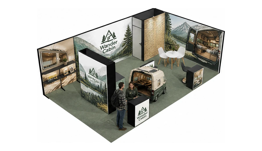 Stoisko 8 × 5 m narożne prawe dla branży caravaning i kampery, przykładowa marka Wander Cabin