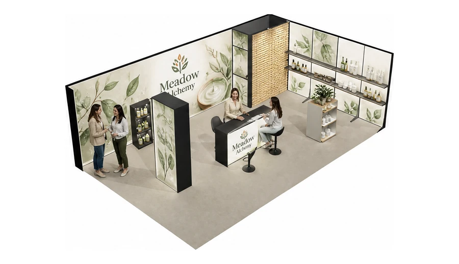 Stoisko 8 × 5 m narożne prawe dla branży kosmetyki naturalne, przykładowa marka Meadow Alchemy