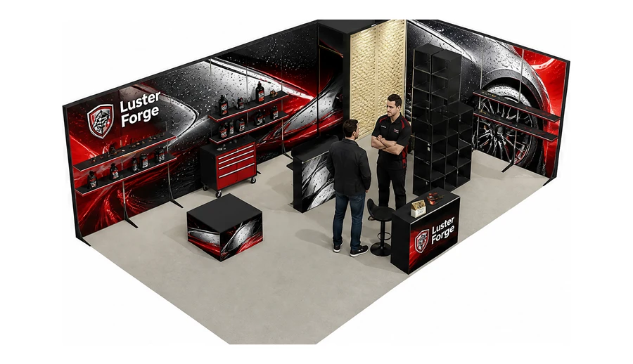 Stoisko 8 × 5 m narożne prawe dla branży tuning i detailing, przykładowa marka Luster Forge