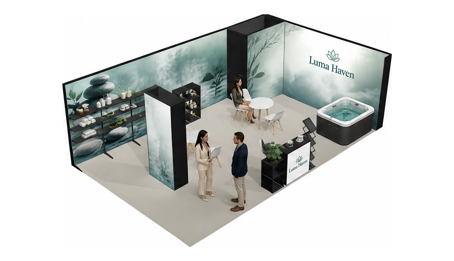 Stoisko 8 × 5 m narożne prawe dla branży spa i wellness, przykładowa marka Luma Haven