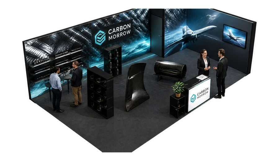 Stoisko 8 × 5 m narożne prawe dla branży materiały kompozytowe, przykładowa marka Carbon Morrow