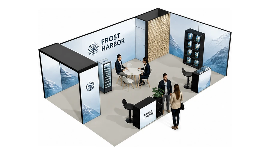 Stoisko 8 × 5 m narożne prawe dla branży łańcuch chłodniczy, przykładowa marka Frost Harbor