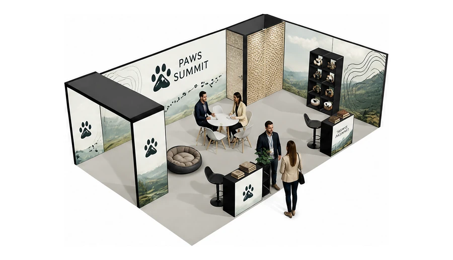 Stoisko 8 × 5 m narożne prawe dla branży akcesoria dla zwierząt, przykładowa marka Paws Summit
