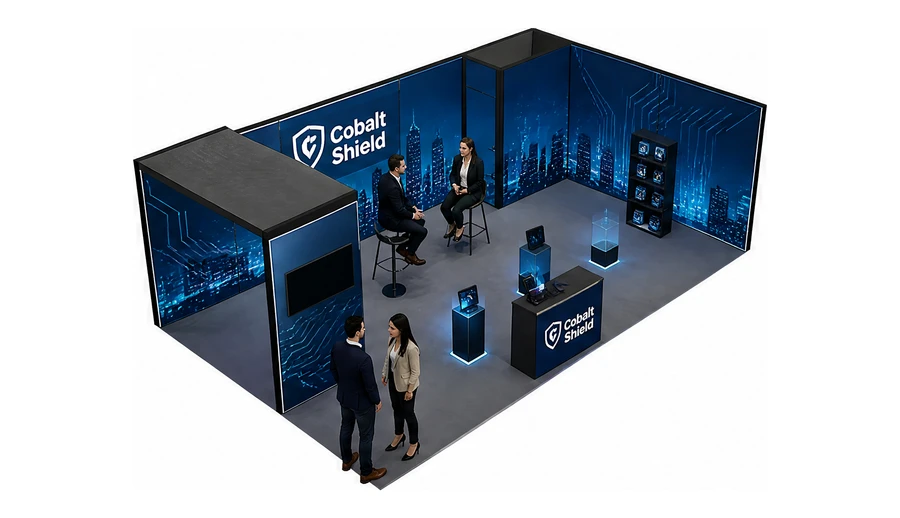 Stoisko 8 × 5 m narożne prawe dla branży cyberbezpieczeństwo, przykładowa marka Cobalt Shield