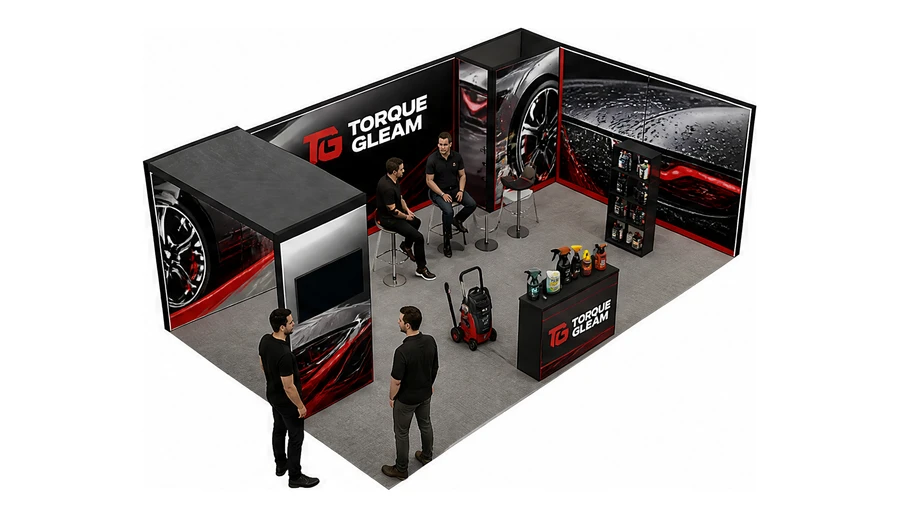 Stoisko 8 × 5 m narożne prawe dla branży tuning i detailing, przykładowa marka Torque Gleam