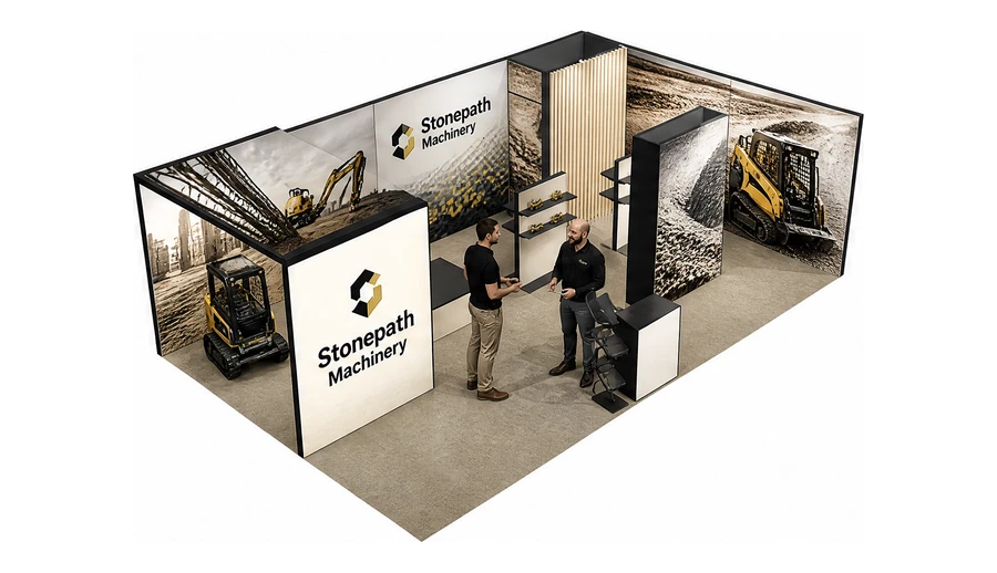 Stoisko 8 × 5 m narożne prawe dla branży maszyny budowlane, przykładowa marka Stonepath Machinery