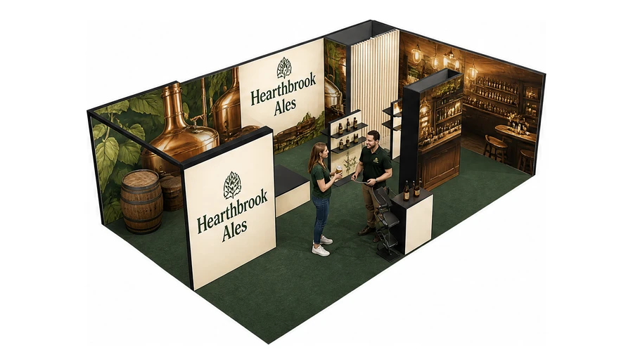 Stoisko 8 × 5 m narożne prawe dla branży browar rzemieślniczy, przykładowa marka Hearthbrook Ales