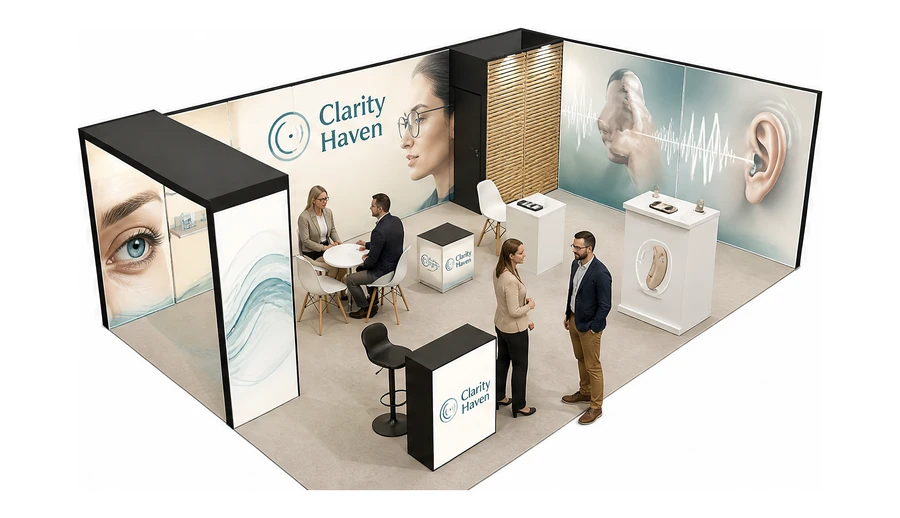 Stoisko 8 × 5 m narożne prawe dla branży optyka i audiologia, przykładowa marka Clarity Haven
