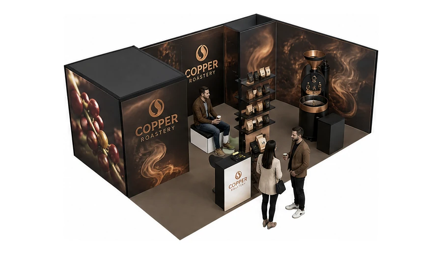 Stoisko 8 × 5 m narożne prawe dla branży palarnia kawy, przykładowa marka Copper Roastery