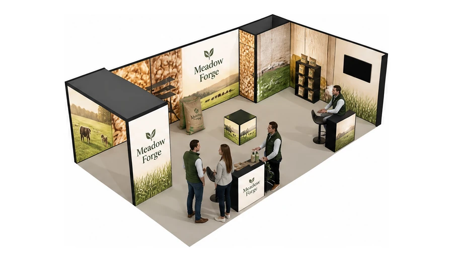 Stoisko 8 × 5 m narożne prawe dla branży hodowla i pasze, przykładowa marka Meadow Forge
