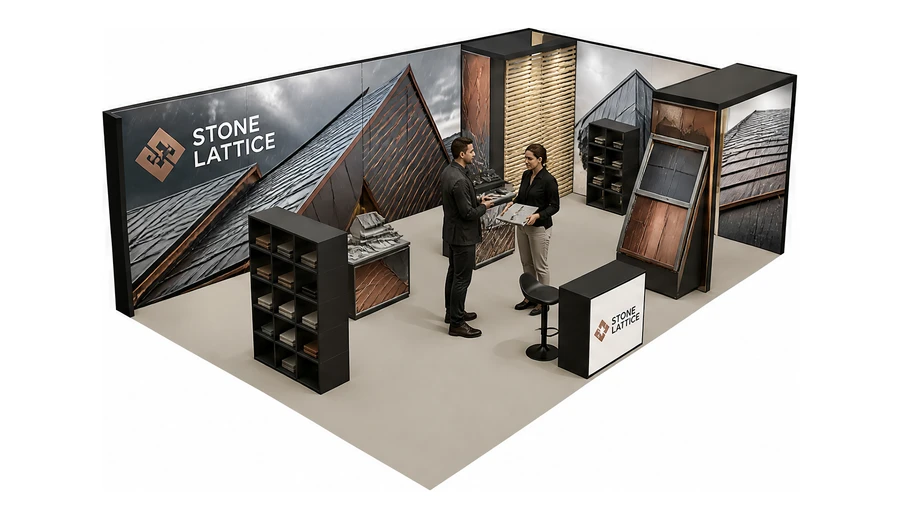 Stoisko 8 × 5 m narożne prawe dla branży dachy i elewacje, przykładowa marka Stone Lattice