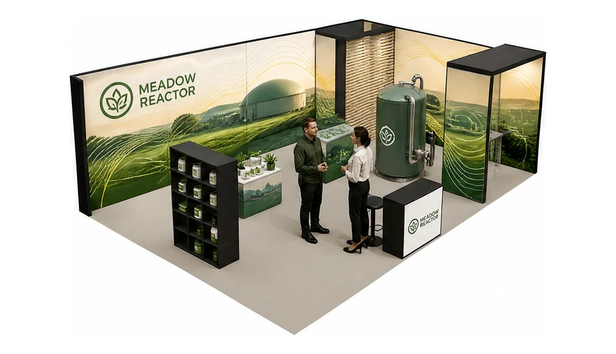 Stoisko 8 × 5 m narożne prawe dla branży biogaz i OZE, przykładowa marka Meadow Reactor