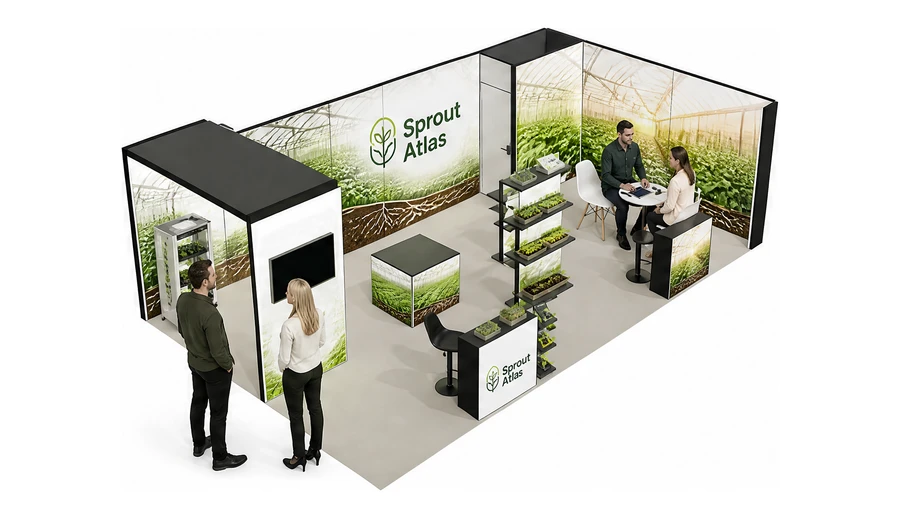 Stoisko 8 × 5 m narożne prawe dla branży sadownictwo i warzywnictwo, przykładowa marka Sprout Atlas