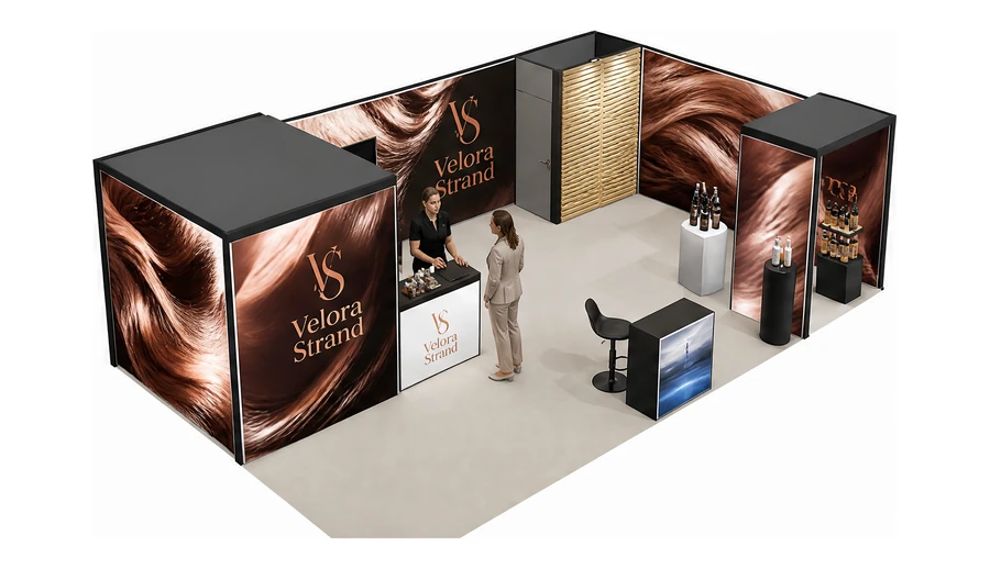 Stoisko 8 × 5 m narożne prawe dla branży fryzjerstwo i salony beauty, przykładowa marka Velora Strand