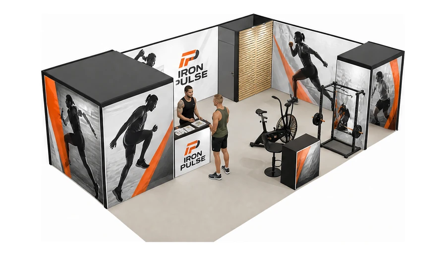 Stoisko 8 × 5 m narożne prawe dla branży fitness i siłownie, przykładowa marka Iron Pulse