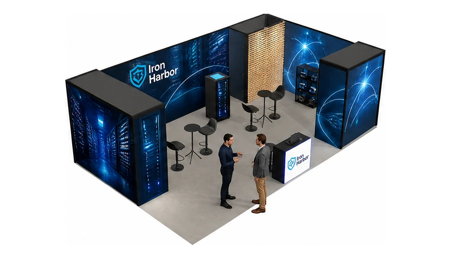 Stoisko 8 × 5 m narożne prawe dla branży infrastruktura IT i data center, przykładowa marka Iron Harbor