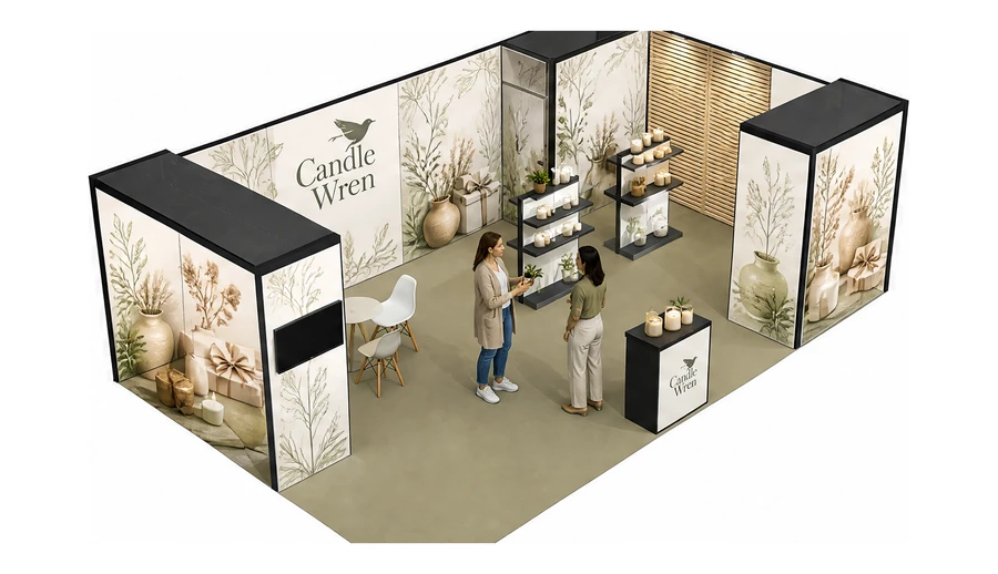 Stoisko 8 × 5 m narożne prawe dla branży dekoracje i upominki, przykładowa marka Candle Wren