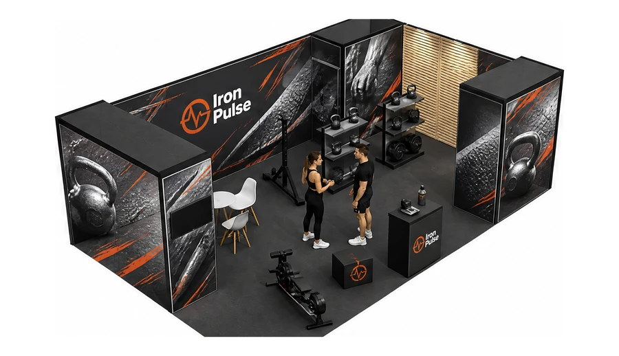 Stoisko 8 × 5 m narożne prawe dla branży fitness i siłownie, przykładowa marka Iron Pulse