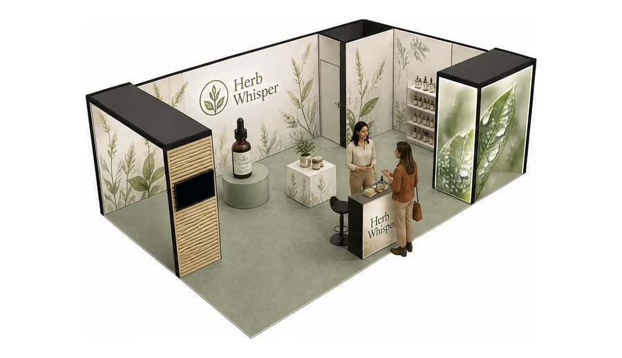 Stoisko 8 × 5 m narożne prawe dla branży kosmetyki naturalne, przykładowa marka Herb Whisper