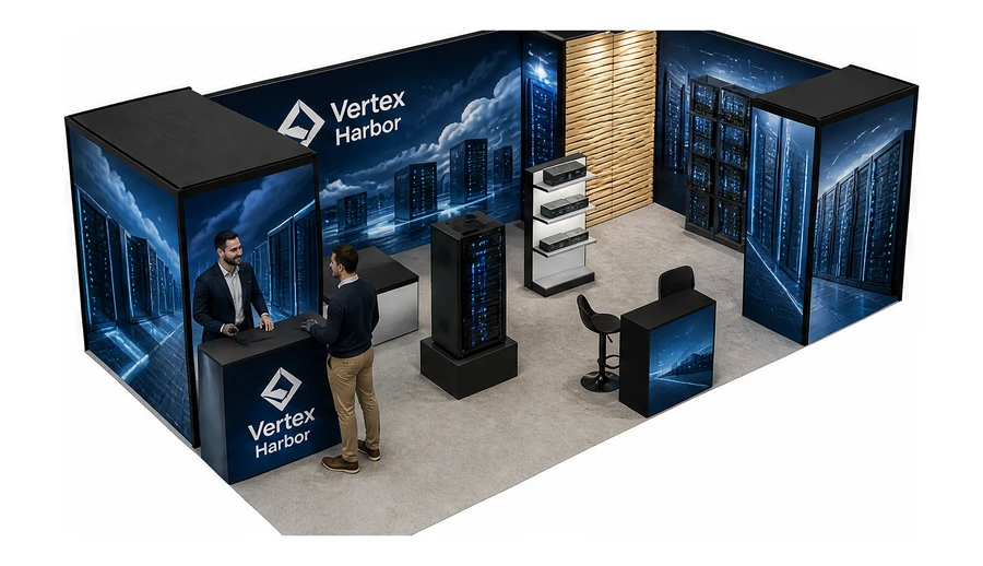 Stoisko 8 × 5 m narożne prawe dla branży infrastruktura IT i data center, przykładowa marka Vertex Harbor