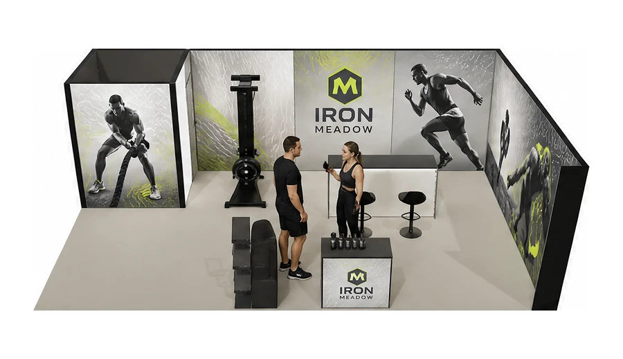Stoisko 8 × 5 m narożne prawe dla branży fitness i siłownie, przykładowa marka Iron Meadow