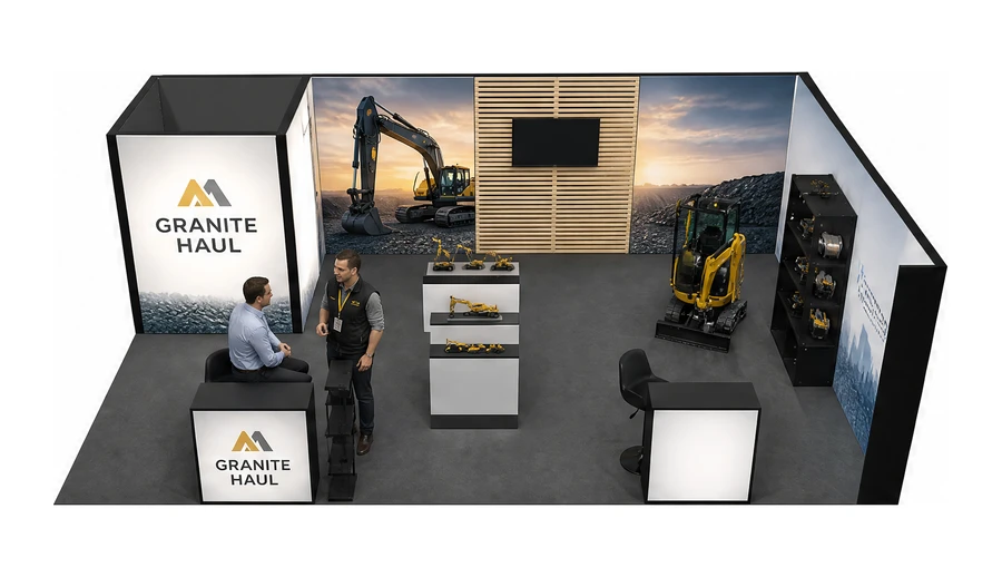 Stoisko 8 × 5 m narożne prawe dla branży maszyny budowlane, przykładowa marka Granite Haul
