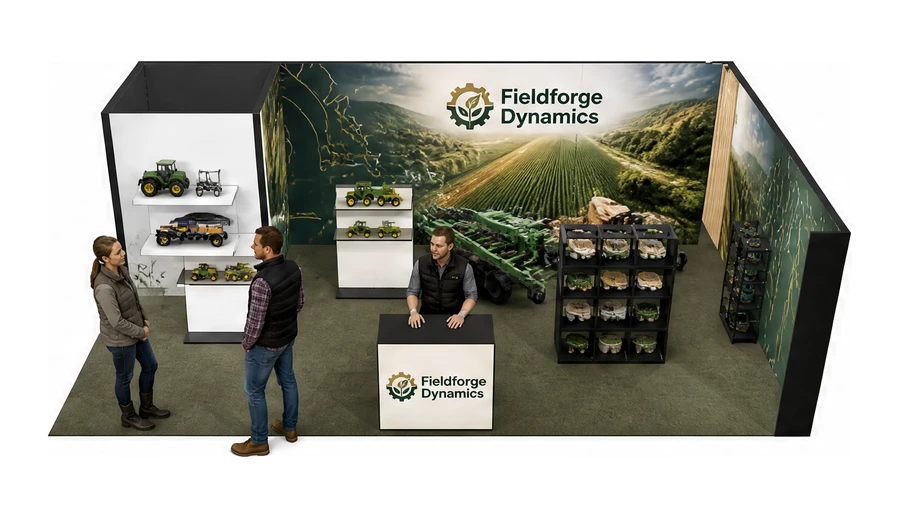 Stoisko 8 × 5 m narożne prawe dla branży maszyny rolnicze, przykładowa marka Fieldforge Dynamics