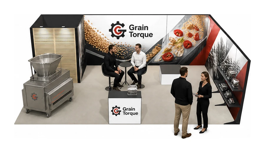 Stoisko 8 × 5 m narożne prawe dla branży technologie spożywcze, przykładowa marka Grain Torque