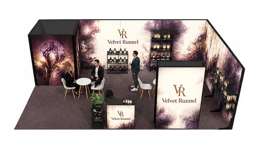 Stoisko 8 × 5 m narożne prawe dla branży perfumy, przykładowa marka Velvet Runnel