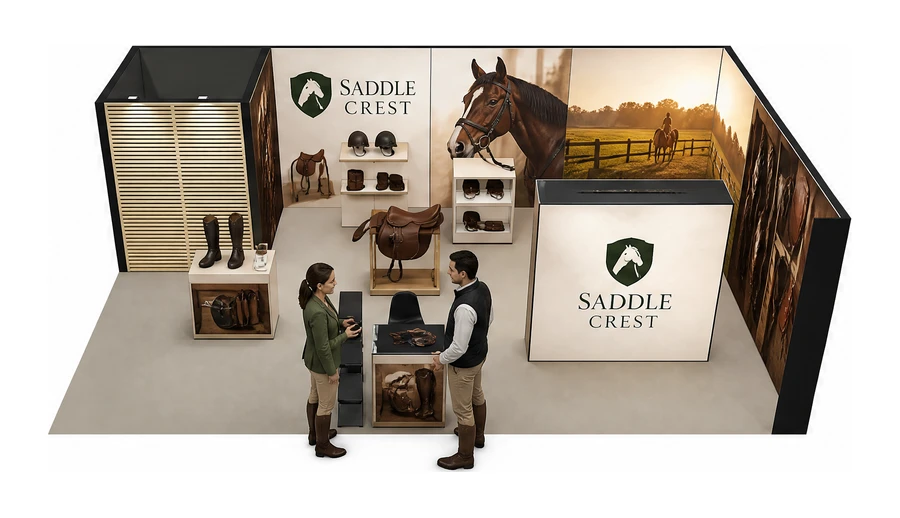 Stoisko 8 × 5 m narożne prawe dla branży jeździectwo, przykładowa marka Saddle Crest