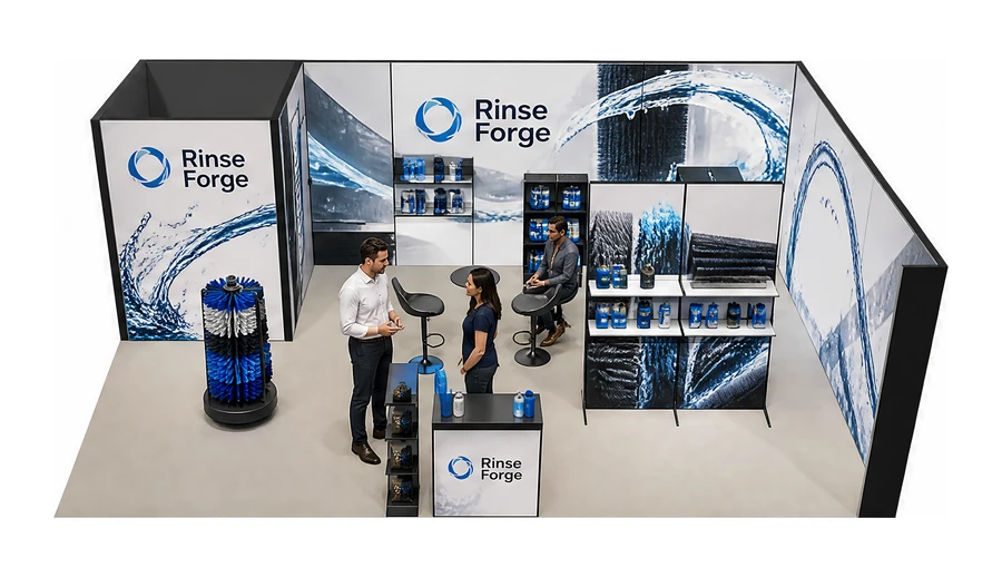 Stoisko 8 × 5 m narożne prawe dla branży myjnie i pielęgnacja aut, przykładowa marka Rinse Forge