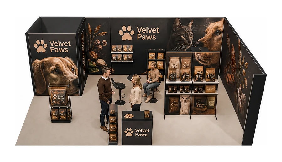 Stoisko 8 × 5 m narożne prawe dla branży karma dla zwierząt, przykładowa marka Velvet Paws