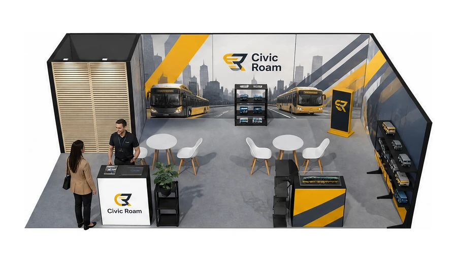 Stoisko 8 × 5 m narożne prawe dla branży autobusy i transport zbiorowy, przykładowa marka Civic Roam