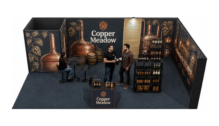 Stoisko 8 × 5 m narożne prawe dla branży browar rzemieślniczy, przykładowa marka Copper Meadow
