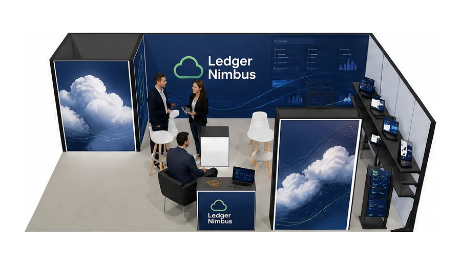 Stoisko 8 × 5 m narożne prawe dla branży oprogramowanie dla firm, przykładowa marka Ledger Nimbus
